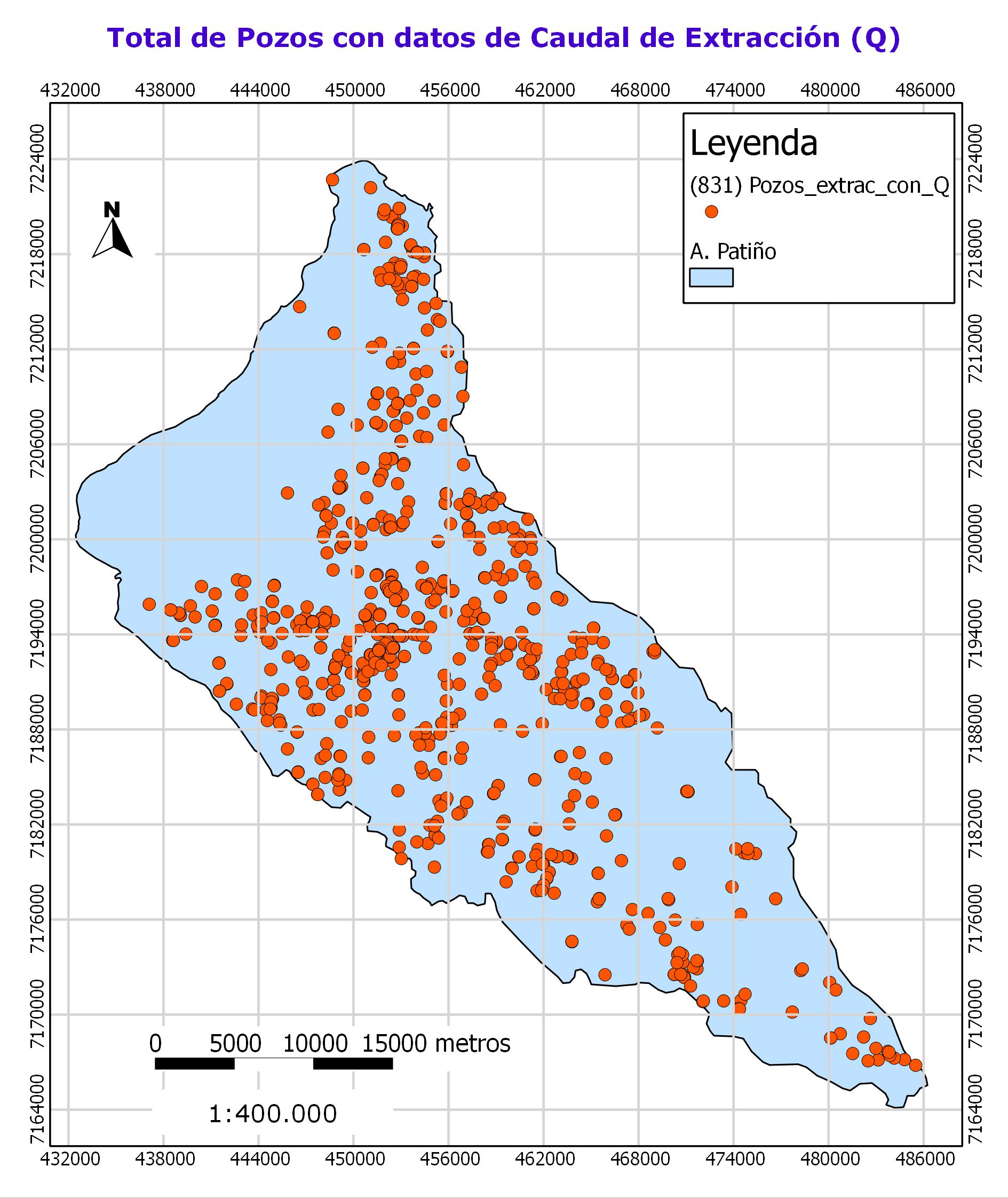 Pozos de extracción con valores de Caudales (m3/h)