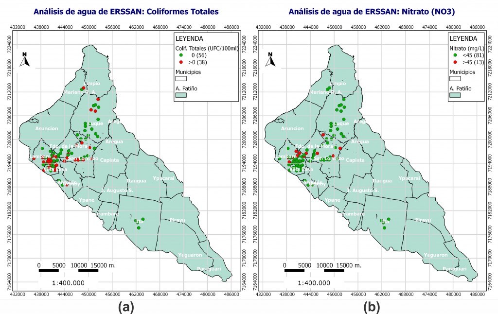 Fig. 1Ubicación de los analisis realizados por ERSSAN en el año 2016. (a) Datos de Coliformes totales (CT) (b) Datos de Nitratos (NO3) 